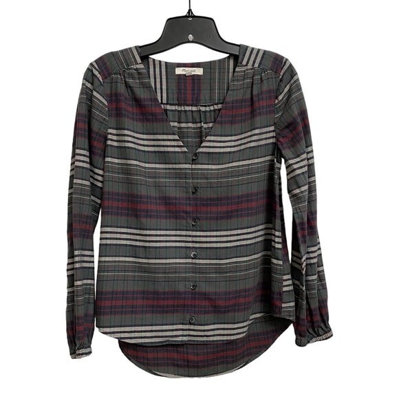 Madewell V-Neck Button-Down Shirt Sz XS Green White Plaid Cotton Neutral Earthy - Picture 2 of 14
